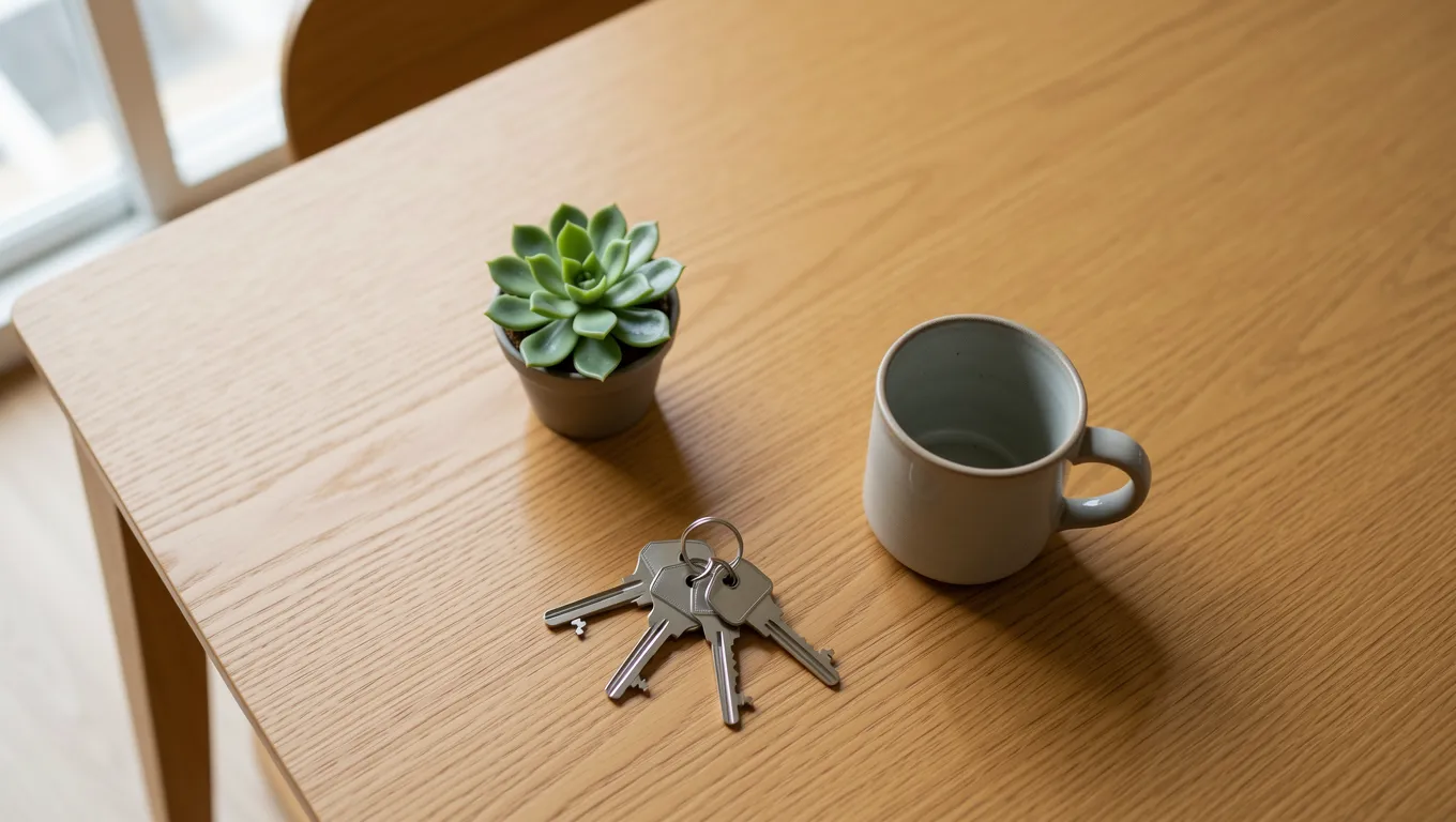Silver house keys and a succulent on a wooden table