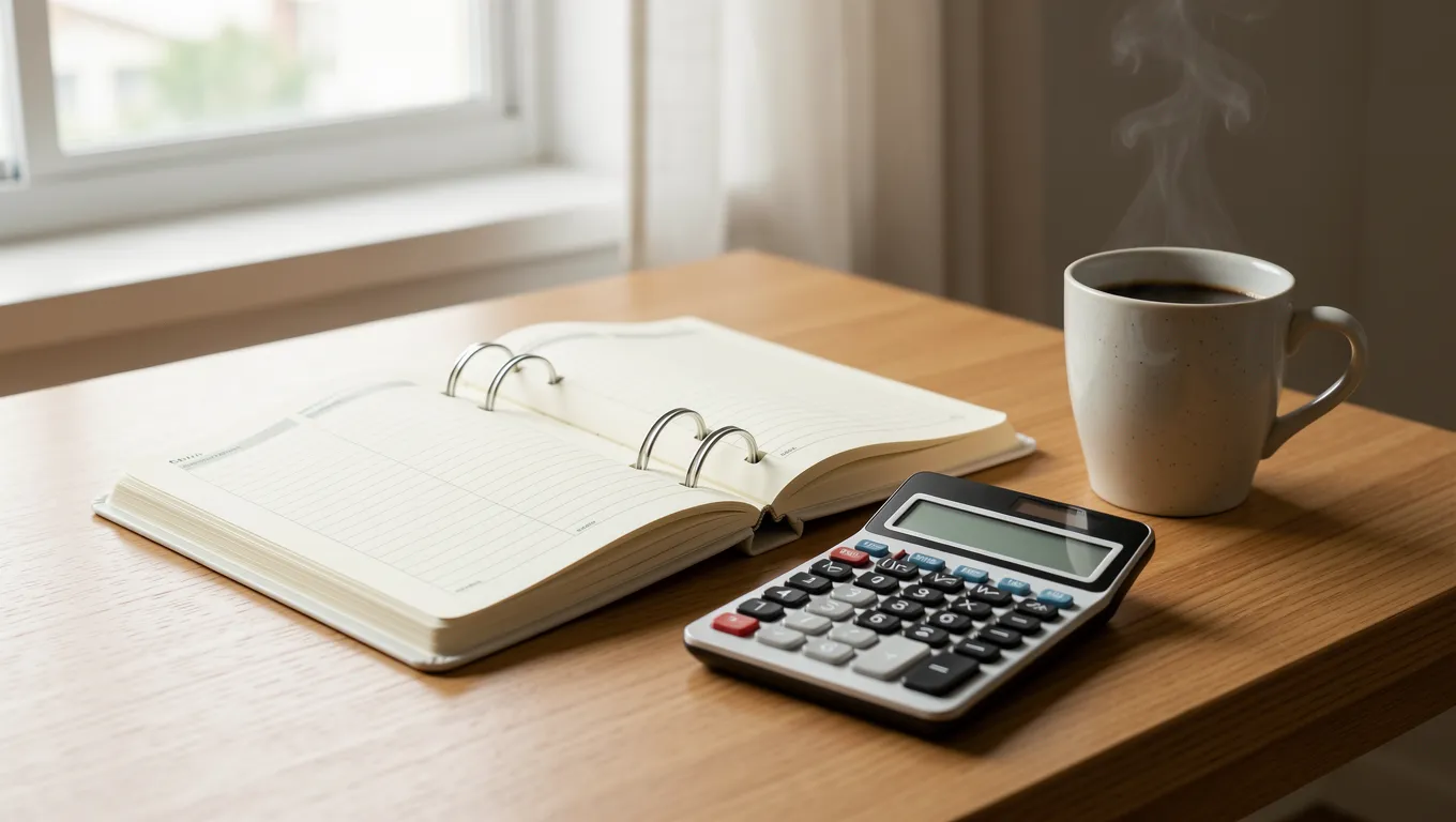 A workspace with a planner and calculator for budgeting