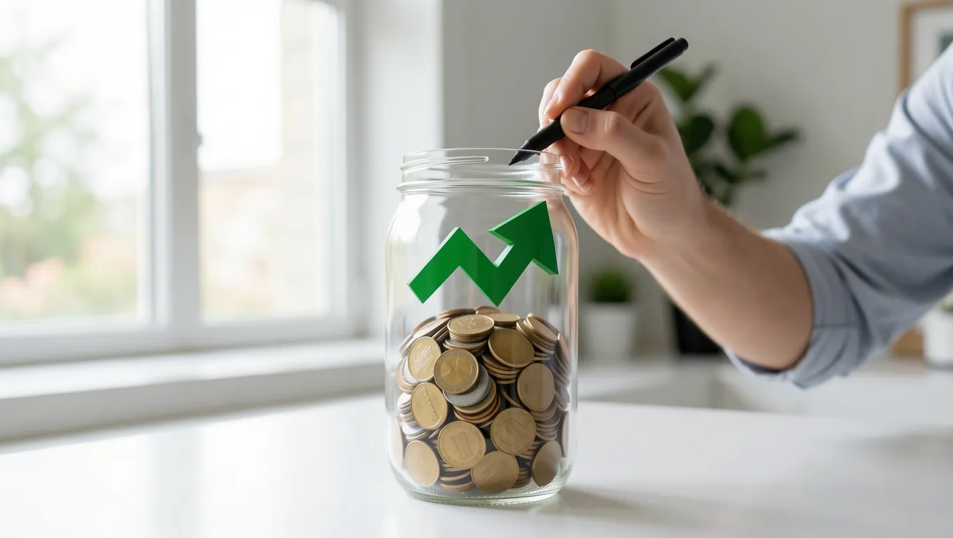 Hand marking progress on a savings goal jar