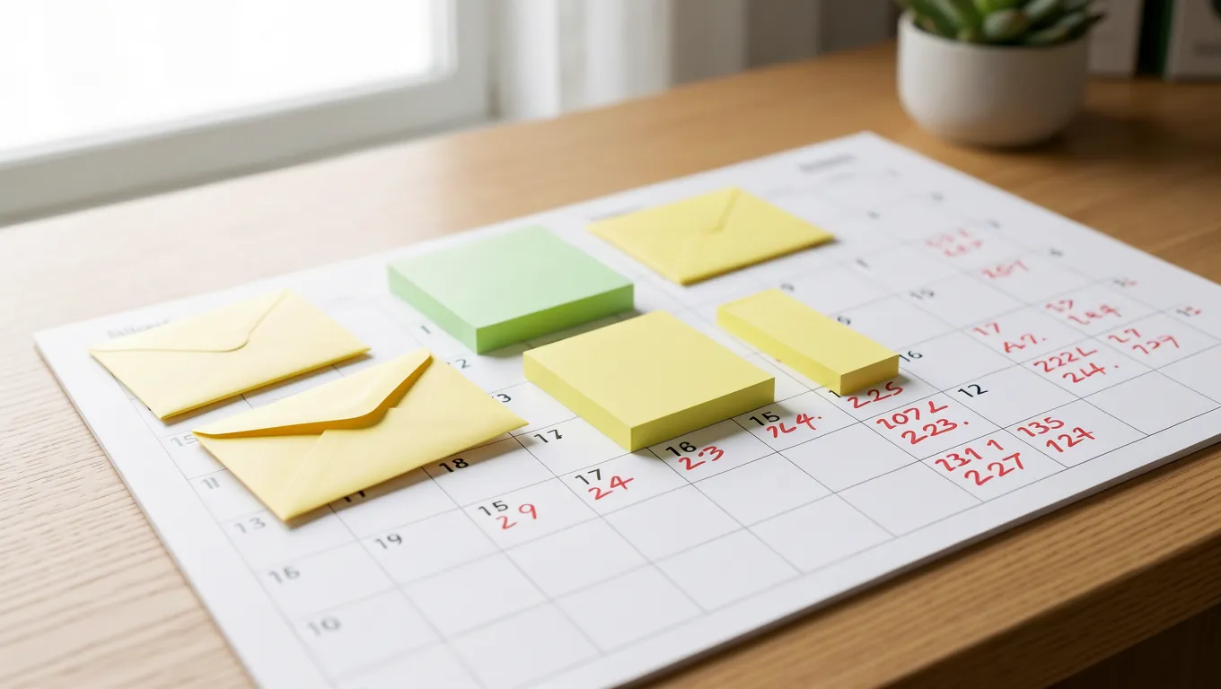 Small debt envelopes and colored sticky notes on a desk calendar