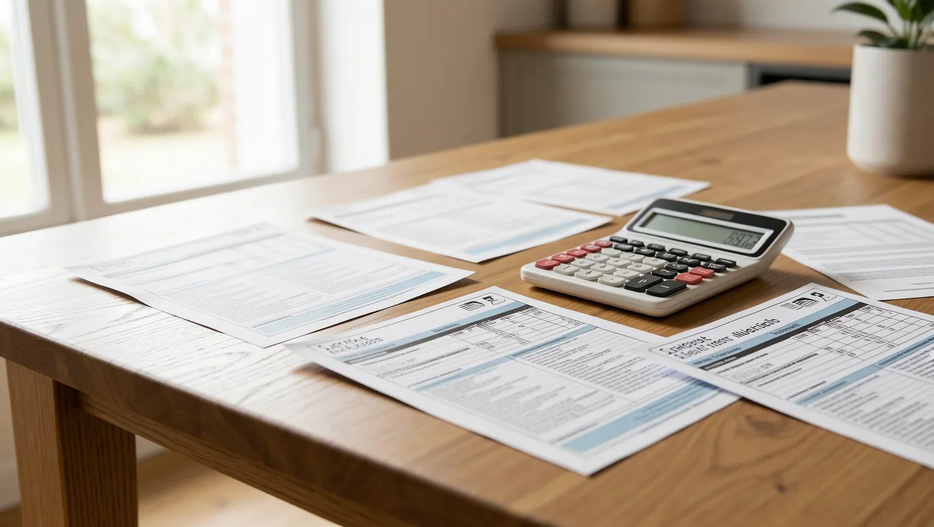 A collection of household bills and a calculator on a wooden table