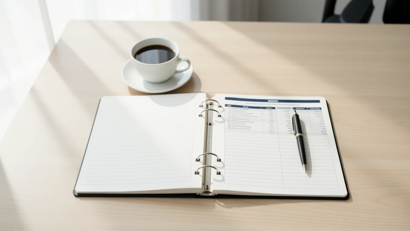 An open notebook and coffee on a clean organized desk