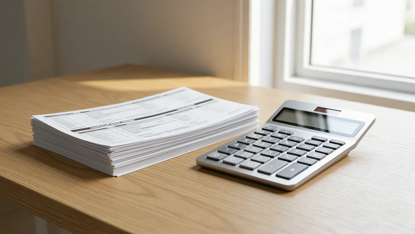 Organized financial documents and a calculator on a wooden desk