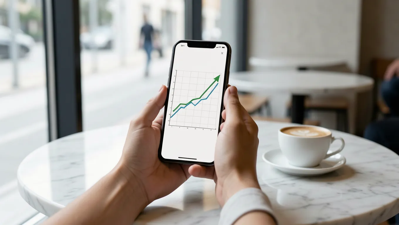 Hand holding a smartphone showing an increasing credit score graph