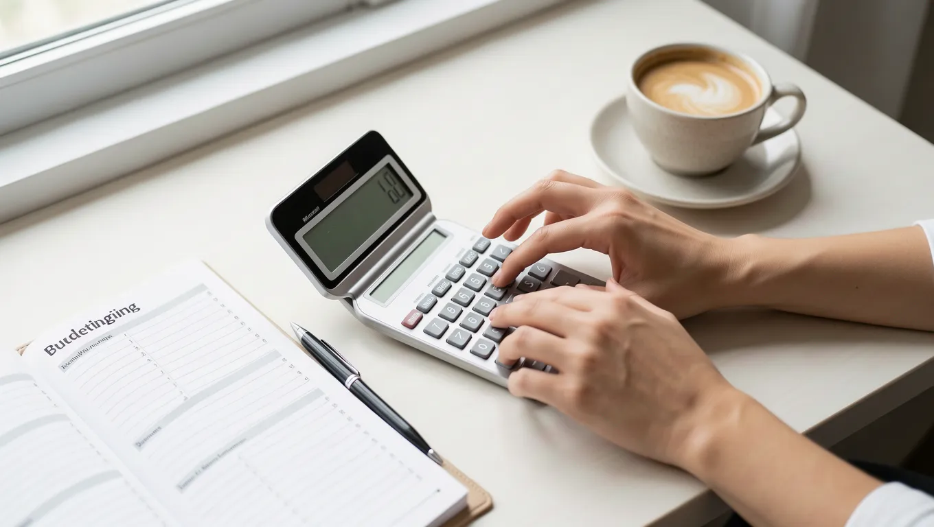 Person calculating monthly budget with a calculator and planner