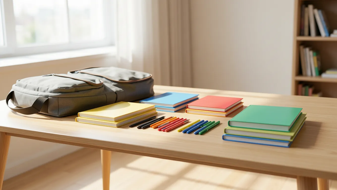 Colorful stack of new school supplies on a sunny wooden desk