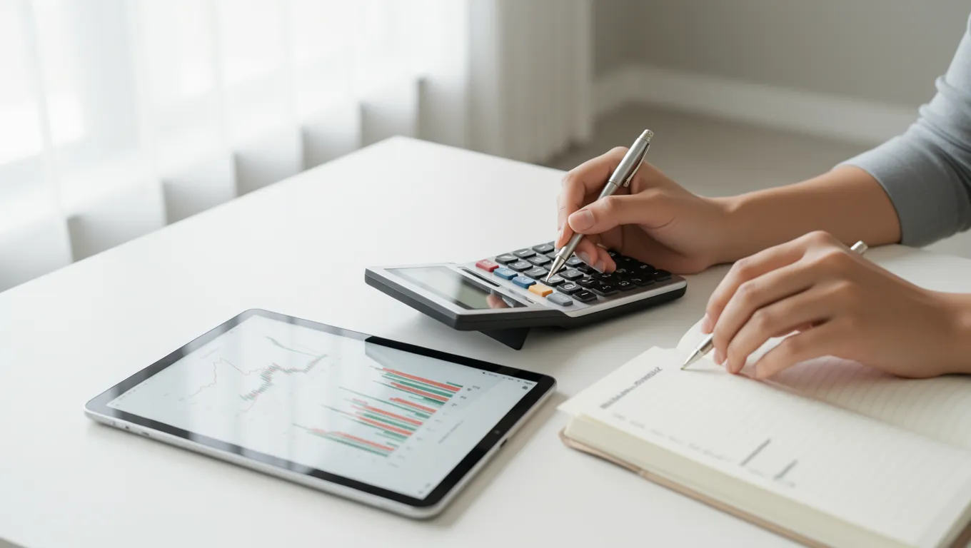 Person planning a household budget with a calculator and notebook