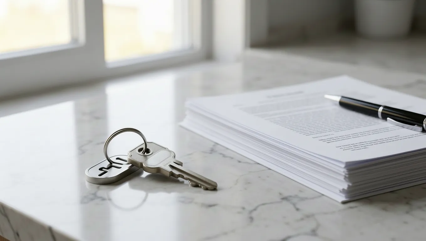 House keys and mortgage documents on a marble surface