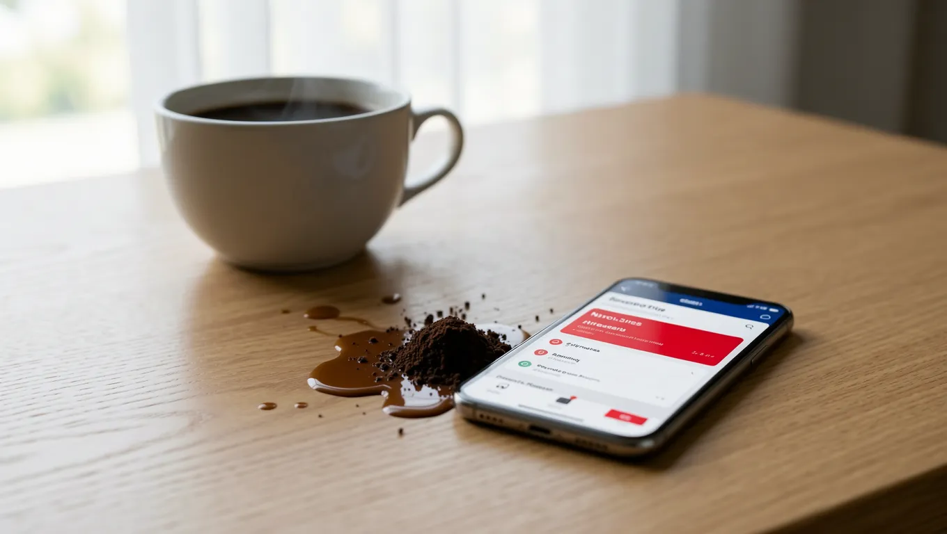 Smartphone showing a negative bank balance next to a coffee cup