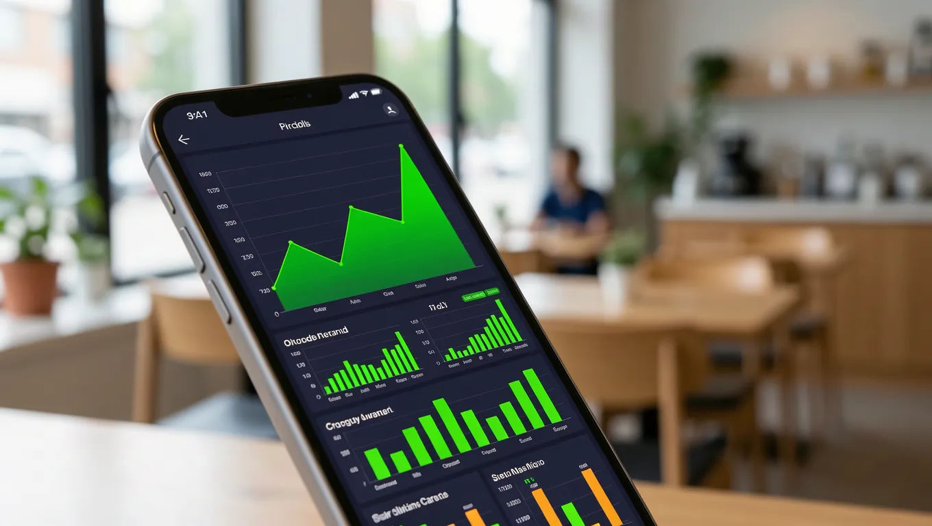 Smartphone showing positive financial growth trends in a cafe
