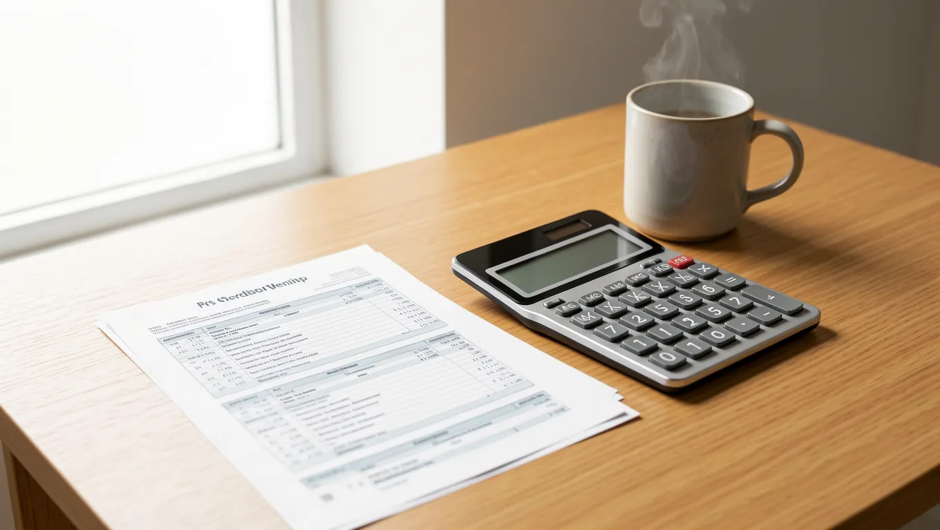 Organized workspace with bank statements and a calculator