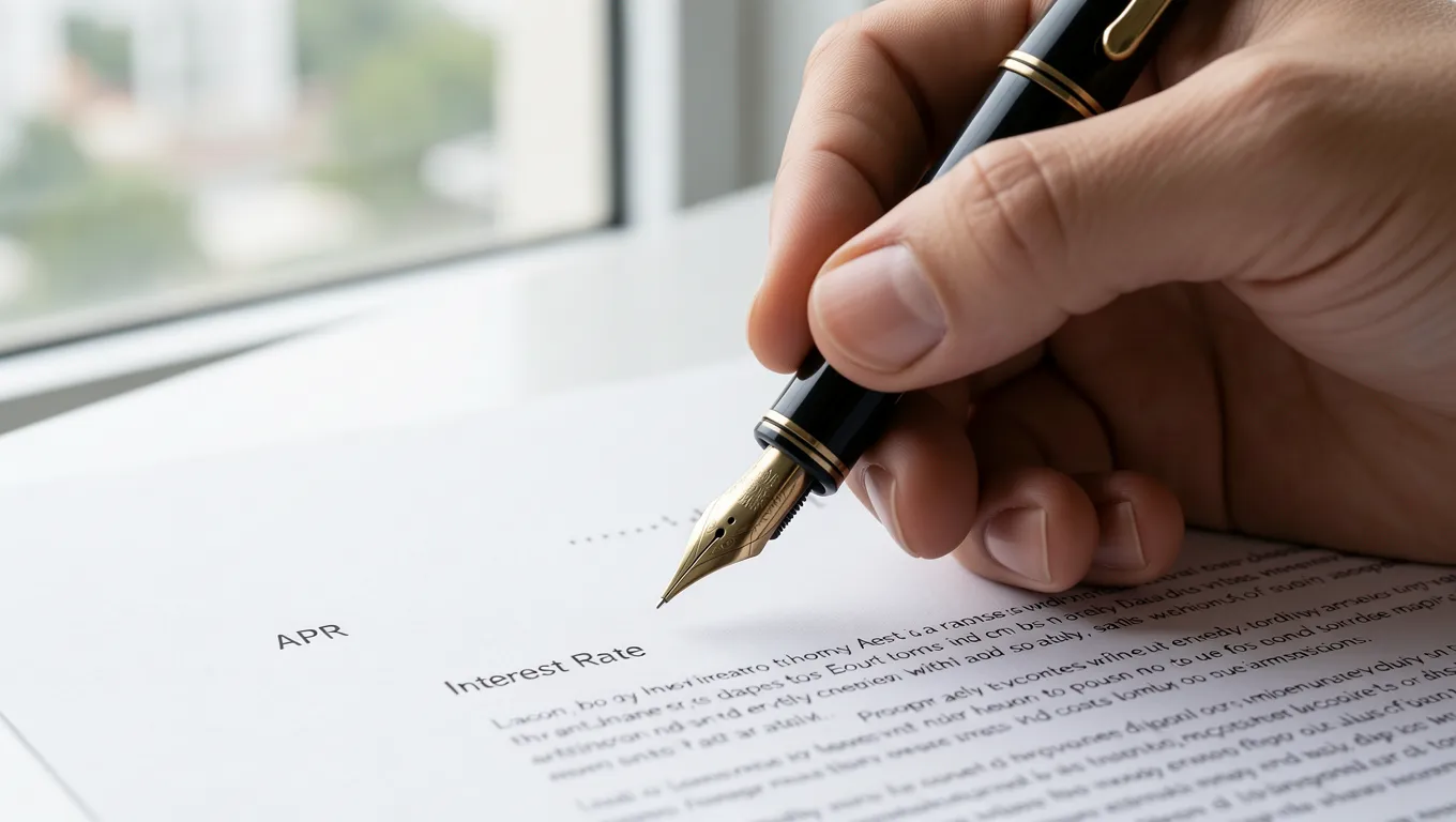 Close up of a pen over an APR and interest rate document