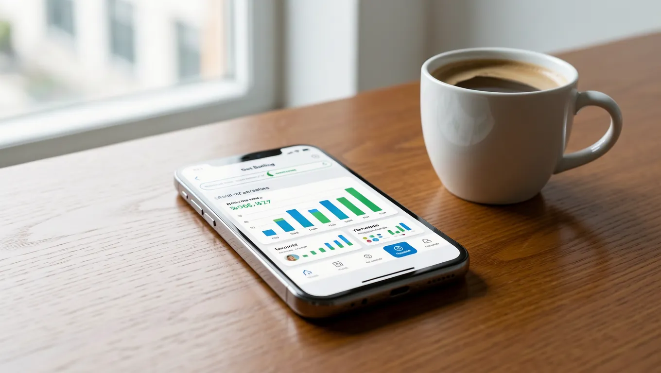 A person using online loans via a smartphone in a bright home office setting.
