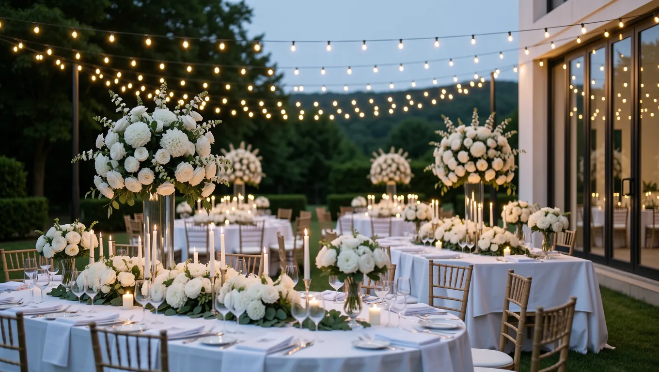 Elegant outdoor wedding venue decorated with flowers for personal loans for wedding use